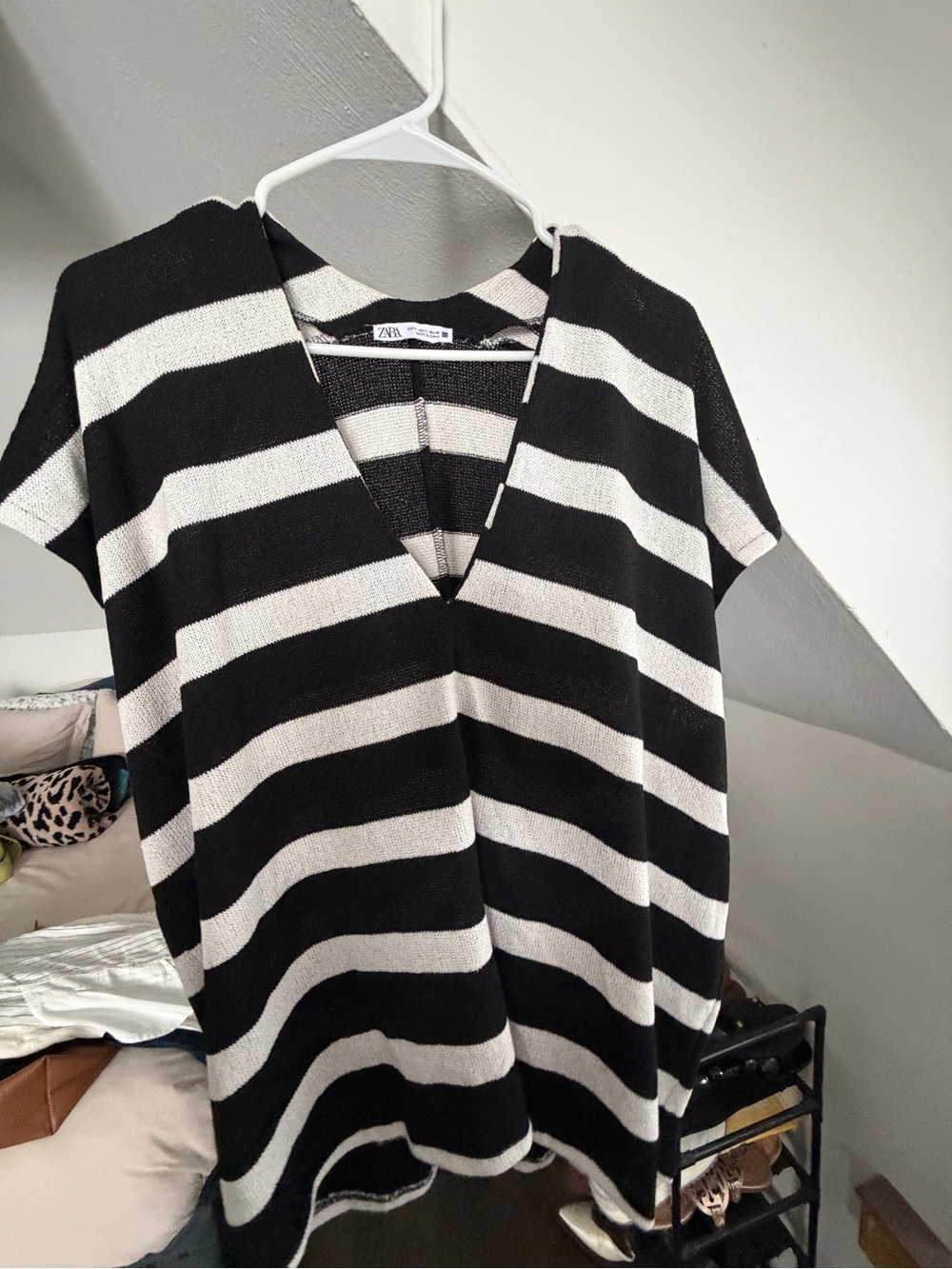 Zara Black and White Striped V-Neck Short Sleeve Top- Women’s Large
